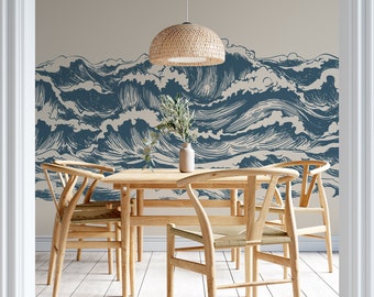 Ocean Waves Wallpaper - Japanese Waves - Pine Green Mint Blue Nautical Removable Self Adhesive Wallpaper Roll #124