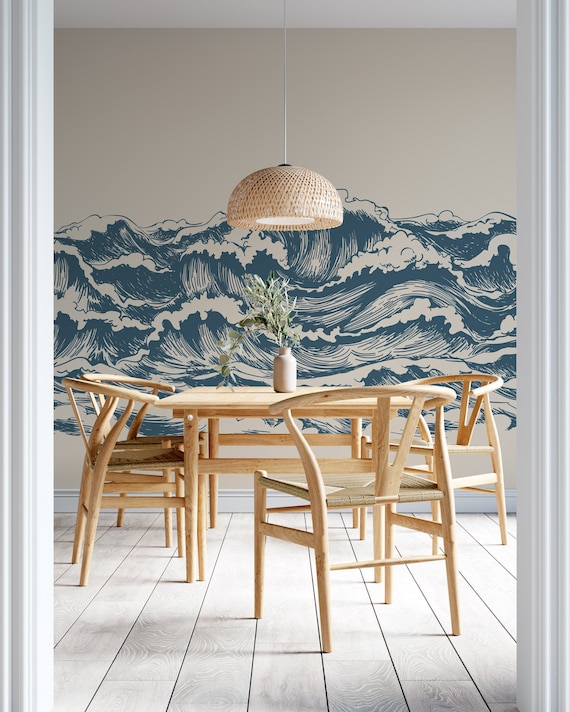 Ocean Waves Wallpaper - Japanese Waves - Pine Green Mint Blue Nautical Removable Self Adhesive Wallpaper Roll #124
