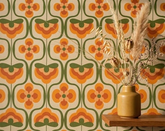 Groovy Floral Wallpaper, Retro 70s Peel and Stick Mural - Abstract Flower Wall Covering for Modern Accent Wall