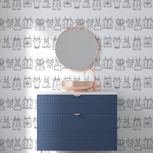 Vintage Laundry Room Wallpaper with hanging clothes, wallpaper for bathroom, clothes on washing wallpaper