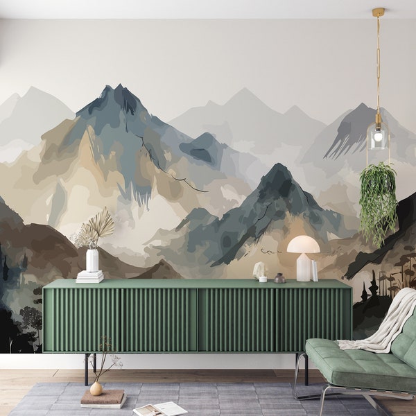 Watercolor abstract Mountain Wallpaper, Mountain removable wallpaper, Ombre mountain, wall art decor, Modern