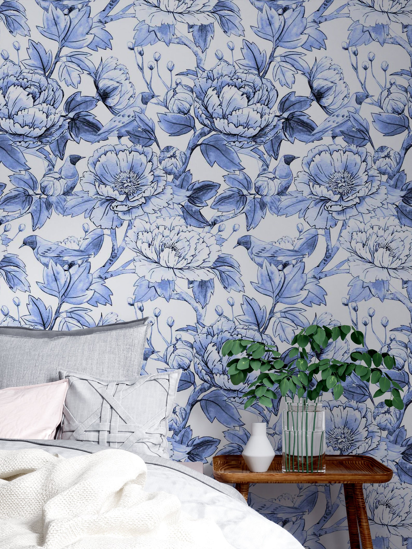 Blue Peonies Peel & Stick Wallpaper Peony Removable Etsy