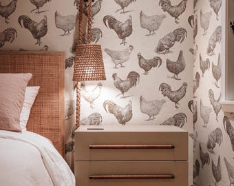 Farmhouse Rooster Chicken Wallpaper - Rustic Country Wall Mural - Watercolor Peel and Stick Décor