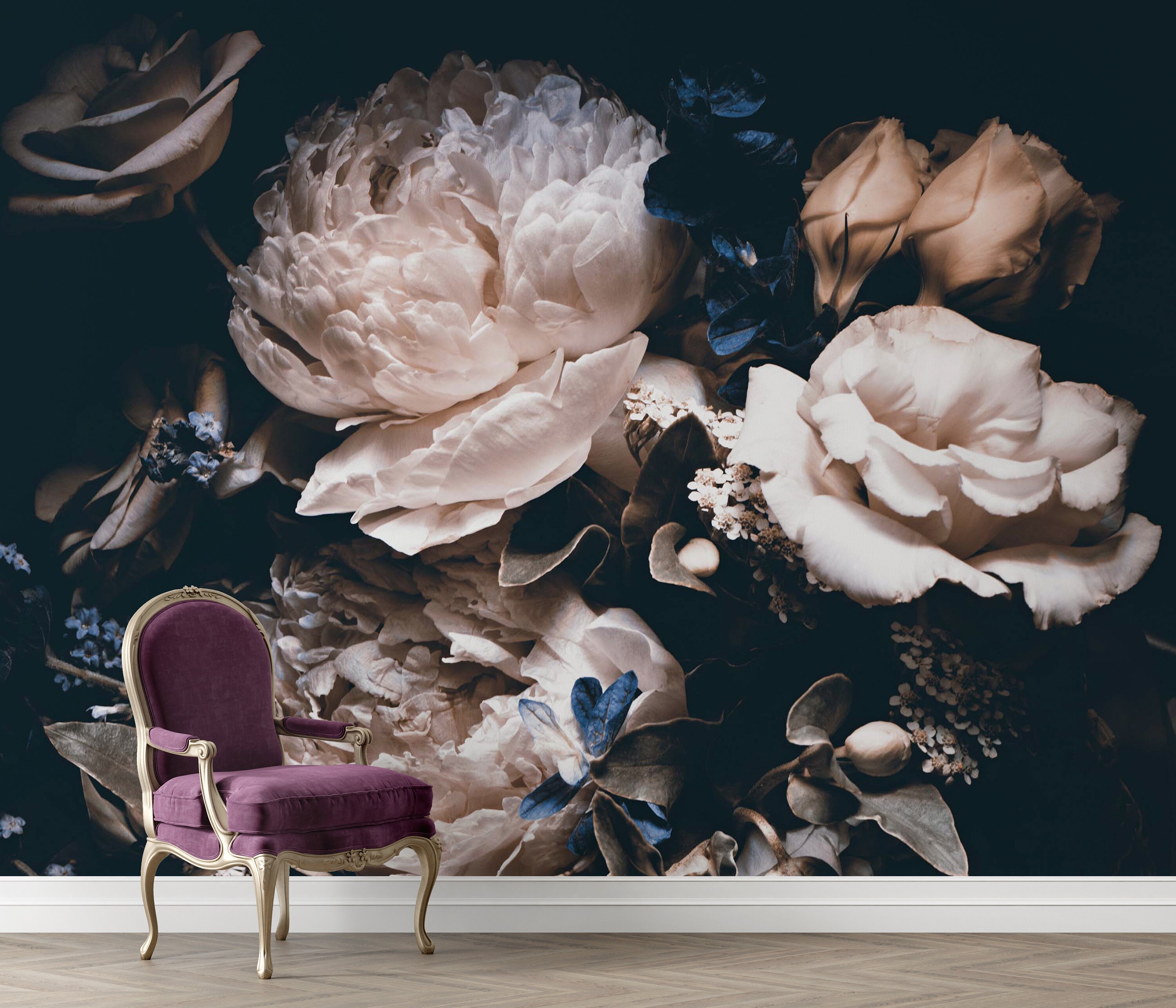 Wallpaper With Peony and Tulip Flowers, Large Black Wall Paper Decor ...