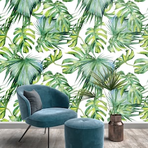 Carta da parati con foglie di palma di felce Design scandinavo minimalista Sbucciare e incollare l'acquerello di foglie di palma in stile coloniale tropicale #202
