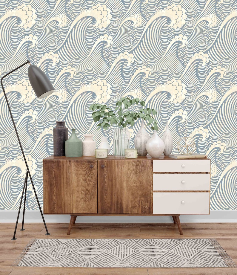 Vintage Waves Wallpaper in Blue and White Retro Wave Ocean Etsy