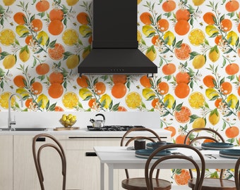 Lemon and Orange Branch Wallpaper | Citrus Removable Self Adhesive Watercolor Leaves Wallpaper | Peel and Stick or Pre-Pasted Wallpaper #12