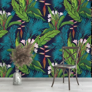 Tropische Vintage Tapete mit exotischen Blättern, Dschungel, Wandbild/ abziehen und aufkleben Tapete Vinyl Tapete Wallpaper Tapete #194