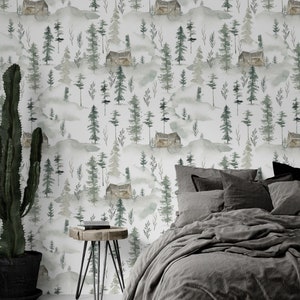 Green Pines & Mountains Wallpaper | Peel and Stick Removable Wallcovering | Green Wall Mural for Nursery  #334