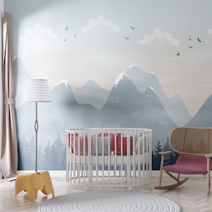 Boho Blue Earthy Tan Mountain and Nursery Wallpaper / Easily Reusable / Pastel Color Mountain Kids Room Wall Mural, Baby Room Decor