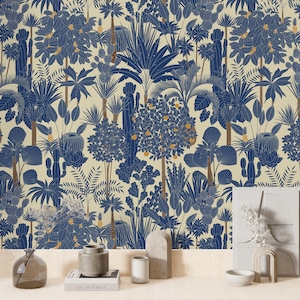 May include: A blue and gold wallpaper with a repeating pattern of stylized plants and trees. The wallpaper has a cream background and features a variety of foliage, including palm trees, cacti, and ferns.