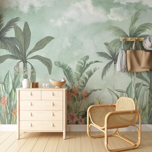 Tropical Jungle Wallpaper, Green Botanical Wall Mural, Peel and Stick Exotic Forest Self Adhesive Removable Wallpaper