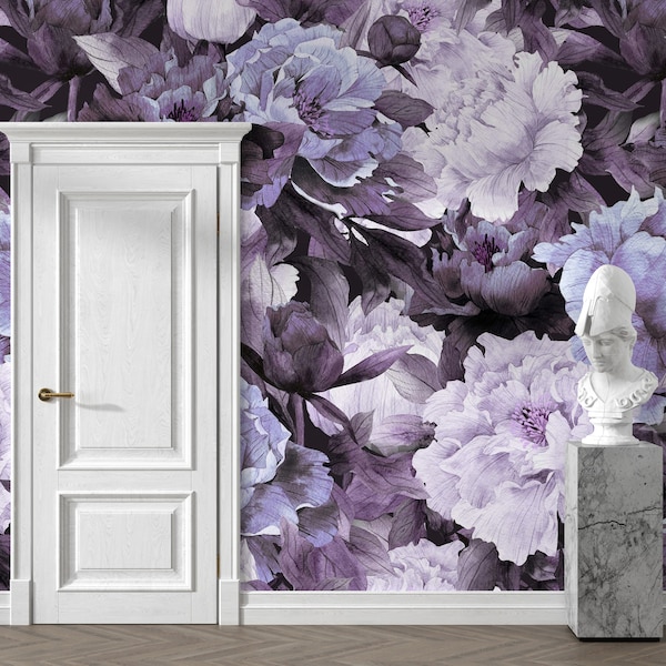 Violet Floral Wallpaper Peel and Stick,  Peony Wallpaper, Blossom Wallpaper, Removable Wall Paper #278