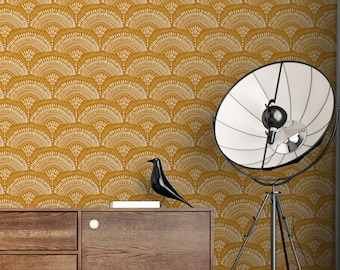 Mustard Yellow Art Deco Self Adhesive Wallpaper - Removable Luxury Wall Decor - Peel and Stick Fabric Paper - Vintage Print #415