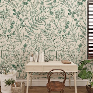 FERN WALLPAPER, BOTANICAL Wall Mural, Plant Wallpaper, Green Forest Botanical Leaves Print Hand Painted White Removable Wallpaper #703