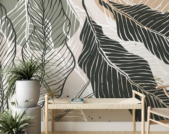 May include: A living room interior with a light brown wooden bench and a chair. The wall is decorated with a large-scale wallpaper featuring a black and white abstract design of leaves.