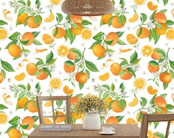 Orange Wallpaper, Kitchen Wallcoverings,Citrus Orange Blossom Wallpaper, Bright Botanical Tropical Mural