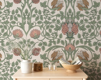 Vintage William Morris Wallpaper, Green Foliage Removable, Self Adhesive Floral Mural Ornament, Old William Morris Pimpernel Wallpaper