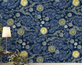 Papel pintado de noche estrellada, papel pintado de Van Gogh, papel pintado vintage, papel pintado Art Déco, papel pintado con paisajes.