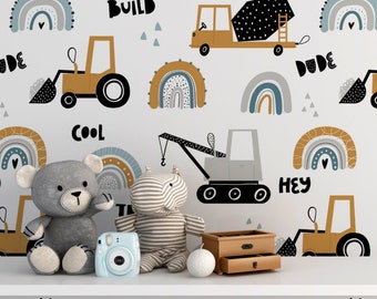 Construction Vehicles Trucks Tractor Cars Wallpaper,Construction Site Cars Island Wallpaper Kids Boys Bedroom Kids Playroom Wall Decor