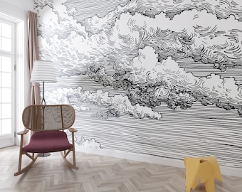 Vintage clouds wallpaper mural, black and white clouds wallpaper, grisaille wall decor, removable peel and stick wallpaper