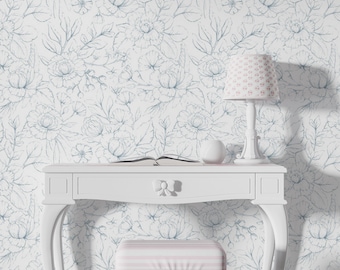 Blaue Tapete mit Blumenmuster, Tapete Blaue Rose, Aquarell Tapete, Kinderzimmer Tapete, abnehmbare Tapete #321