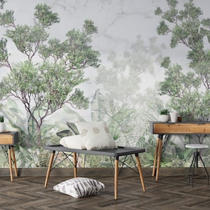Tropical trees and leaves wallpaper, peel and stick, self adhesive, wall decor, Removable Wallpaper