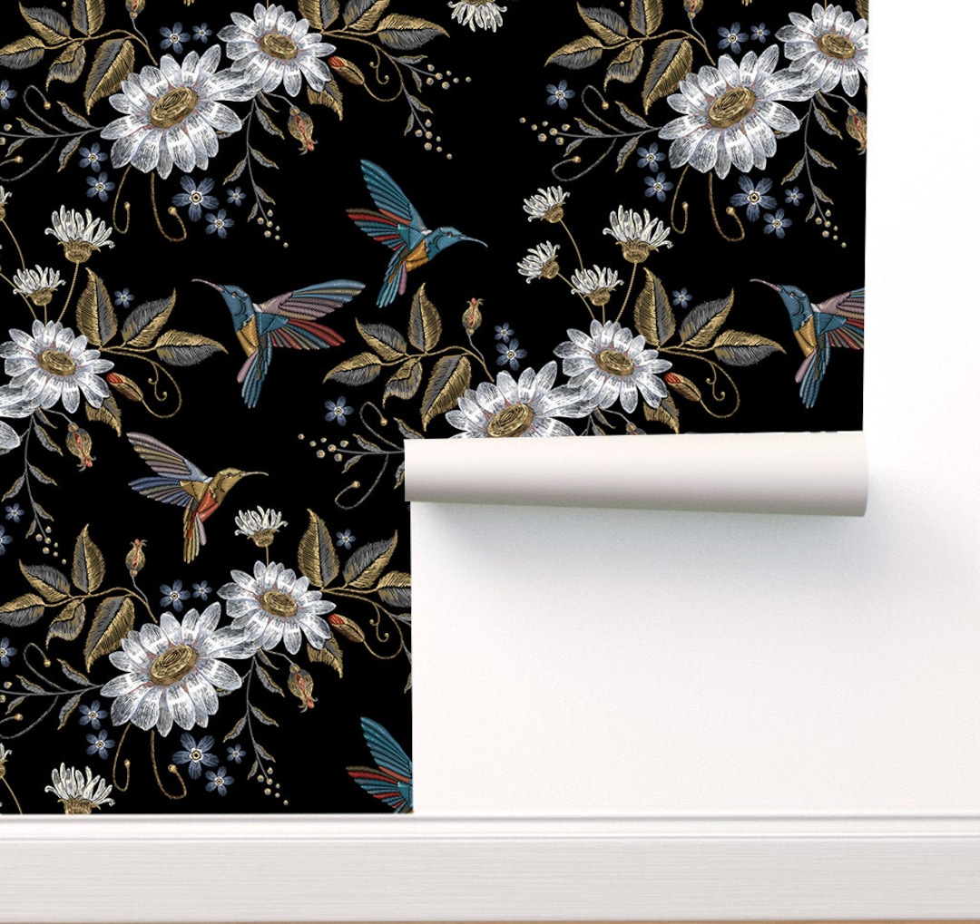 Floral Hummingbird Peel and Stick Wallpaper, Floral Wallpaper