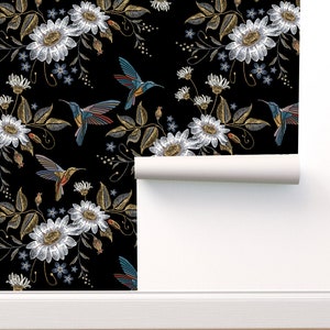Floral Hummingbird Peel and Stick Wallpaper, Floral Wallpaper, Hummingbird Wallpaper, Vintage Look Wallpaper, Floral Home Decor