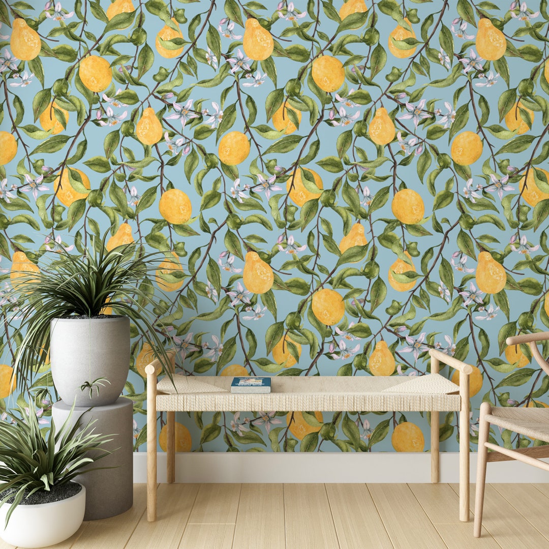 Lemon Plant Removable Wallpaper, Fruit Art Kitchen Decor, Nature Wall