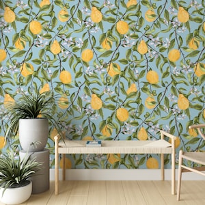 Lemon Plant Removable Wallpaper, Fruit Art Kitchen Decor, Nature Wall Mural, Pretty Yellow Peel and Stick, Bright Modern Citrus Wall #403