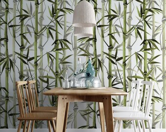 Muurschildering bamboe en bladeren, tropisch behang Peel and Stick, muurschildering kunst aan de muur, verwijderbaar behang kamerdecoratie #179