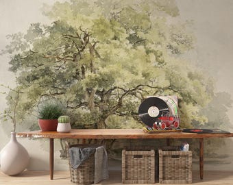 Scenic Landscape Wallpaper, Peel and Stick Green Wall mural, Old painting art Vintage Mural Self Adhesive Woodland Wallpaper