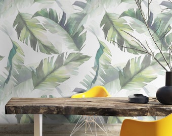 Tropic Leaf Wallpaper Peel and Stick | Leaf Drawing Art Wall Mural