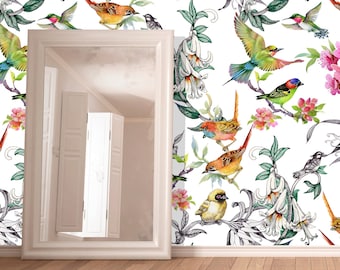 Birds & Flowers in Garden Wallpaper - Removable Self Adhesive Wallcovering - Fabric Peel and Stick Wall Mural, nature inspired decor #296