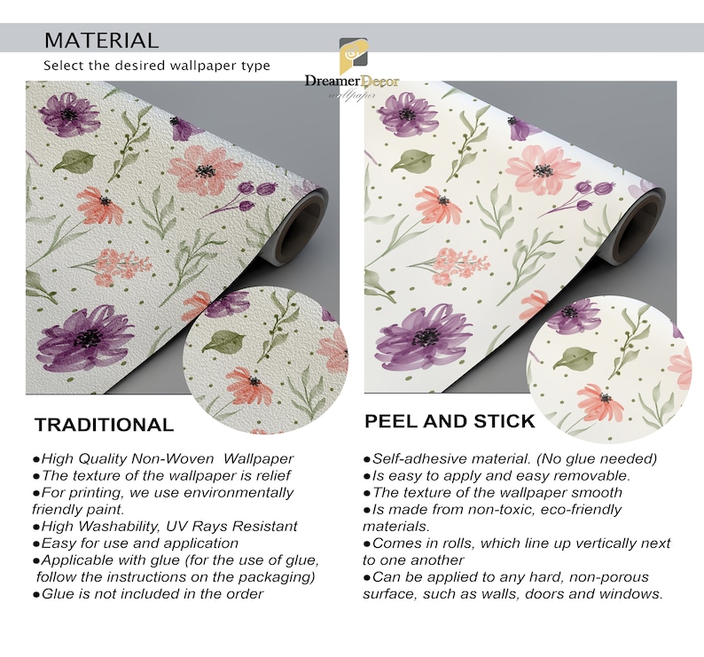May include: Two samples of wallpaper with a floral pattern. The left sample is a traditional wallpaper that requires glue. The right sample is a peel and stick wallpaper. Both samples feature a white background with pink and purple flowers.