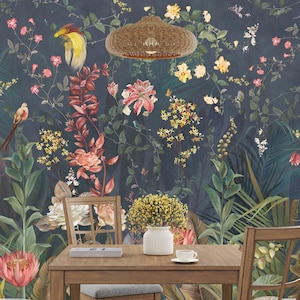 Chinoiserie Floral and Birds Wallpaper, Chinoiserie Wallpaper, Blooms Wallpaper, Removable Wallpaper, Peel and Stick Wallpaper