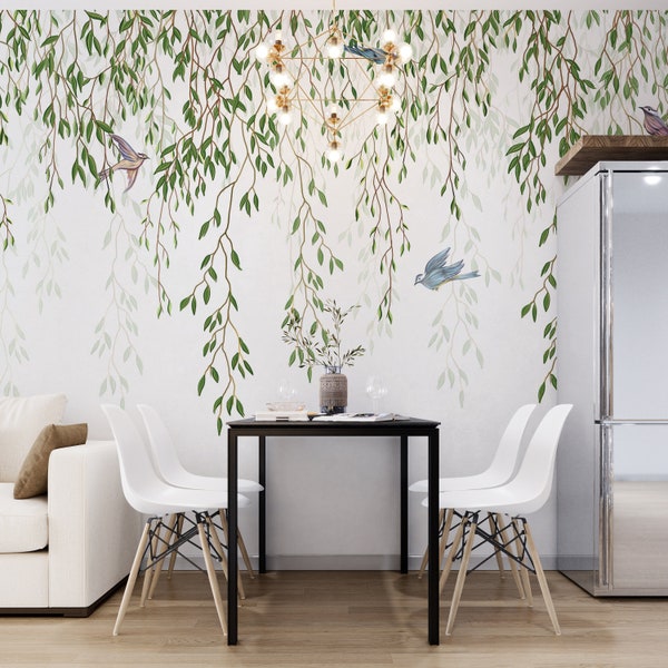 Willow Tree Peel and Stick Wallpaper Mural Chinoiserie Watercolor Blossom Décor Nursery Removable Wallpaper- Self Adhesive Custom Sizes #304