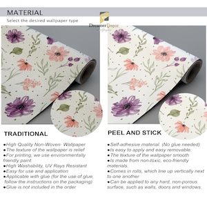 May include: Two wallpaper samples with a floral pattern. The left sample is a traditional wallpaper that requires glue. The right sample is a peel and stick wallpaper. Both samples feature a white background with pink and purple flowers.
