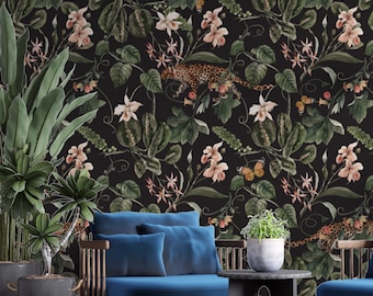 Tiger Peacock Wallpaper | Peel and Stick Removable Tropical Mural | Self Adhesive or Pre-Pasted Wallpaper | Eco Friendly