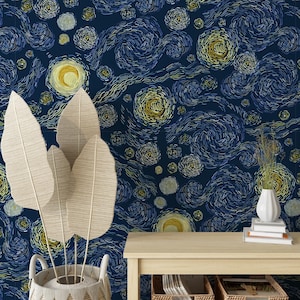 Carta da parati Notte stellata, Carta da parati Van Gogh, Carta da parati vintage, Carta da parati Art Déco, Carta da parati con paesaggio dipinto Carta da parati con accento