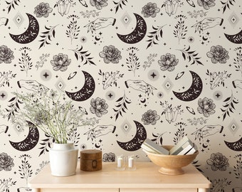 Light Boho Wallpaper moons leaves, Peel and Stick Wallpaper, Removable Wallpaper, Boho Wallpaper, Witchy Wallpaper, Witchy Home decor