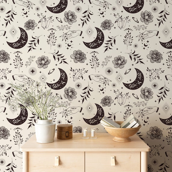 Light Boho Wallpaper moons leaves, Peel and Stick Wallpaper, Removable Wallpaper, Boho Wallpaper, Witchy Wallpaper, Witchy Home decor