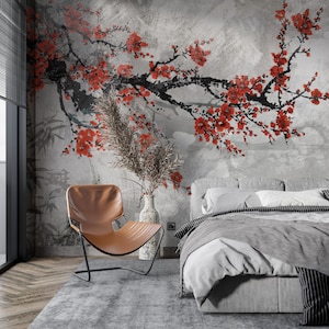 Vintage Chinoiserie Kirschblüten-Tapete Wandbild, grauer Hintergrund Kirschblütenblumen Blumenwandbild Wanddekor