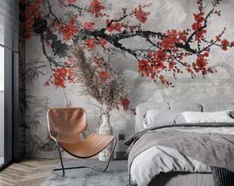 Fototapeta w stylu vintage chinoiserie z kwitnącą wiśnią, szare tło, kwiat wiśni, kwiatowy mural, dekoracja ścienna