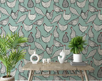 Farmhouse Chicken Hen Wallpaper, Country farm animal wallpaper, chicken Wall Decor, Farmhouse Commercial Grade Wallpaper, Watercolor Chicken
