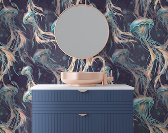 Jellyfish Dark Marine Blue Wallpaper, Sea Animal Abstract Wall Mural | Peel and Stick or Traditional Paper