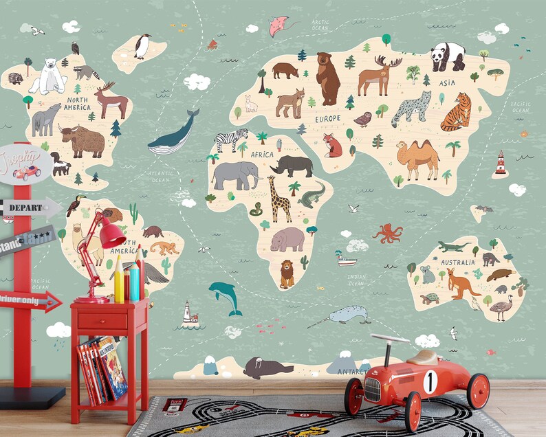 Kids Map Wallpaper Peel and Stick Political World Map Etsy