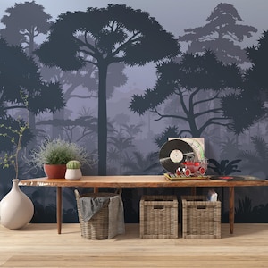 Papier peint autocollant forêt tropicale, papier peint forêt bleue, papier peint auto adhésif arbres bleu, papier peint minimaliste forêt bleue