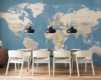 Giant World Map Wall Mural - Removable Wallpaper Map of the World - Huge Peel Stick Fabric Map - Standard Blue Ocean Political World Map #19